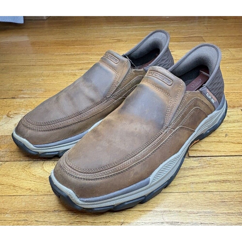 Skechers Respected Elgin Shoes Men’s 11.5 Brown Leather Hands Free Memory Foam